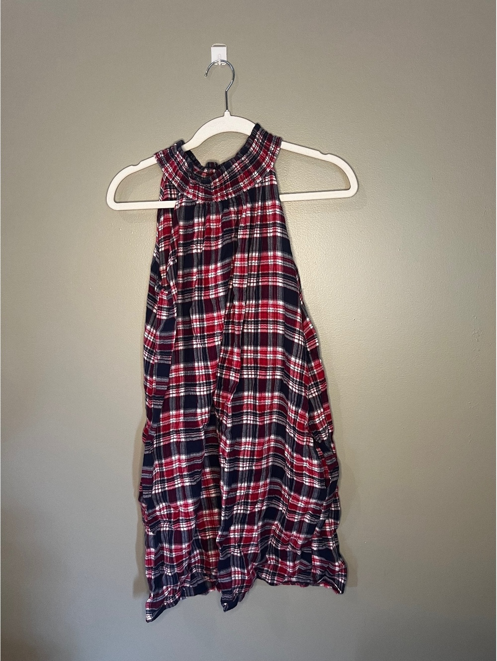 Red Blue and White Plaid High Neck Sleeveless Mini Dress